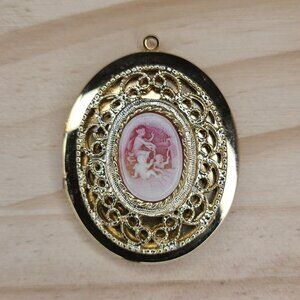 Vintage Gold-Tone Cameo Locket Pendant Oval Filigree Romantic Scene Design 2"